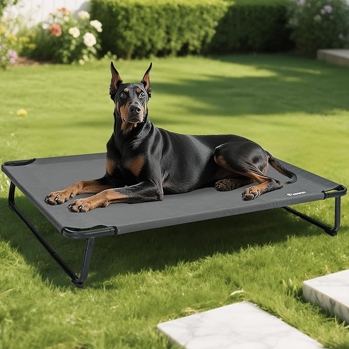 Elevated Dog Bed, Outdoor Dog Bed Raised Bed Cooling Waterproof Pet Beds Cots Stable and Easy Assembly, Teslin Fabric with 1.2mm Thick Iron Frame, Breathable, Ultra-Sturdy，Grey, 48 * 32 * 8.7-PurrikoPets