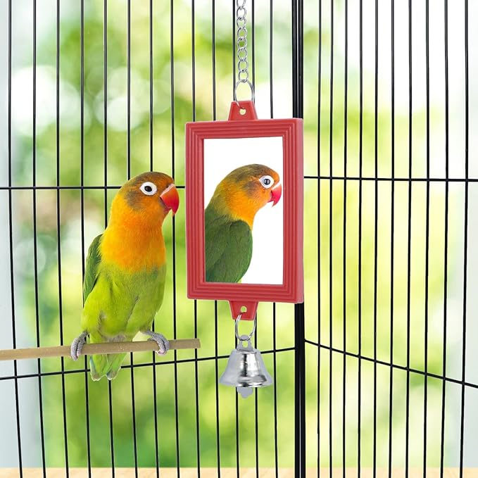 4 PCS Bird Mirror with Bell Parrot Hanging Interactive Playing Toy for Cockatiel Parakeets Canaries Budgie Cage Accessories-PurrikoPets