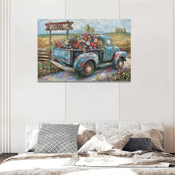 Farmhouse Truck Wall Art Rustic Country Wildflowers Wall Decor Road Flowers Landscape Pictures Canvas Print Painting Artwork for Bathroom Living Room Bedroom 16"x24"-PurrikoPets