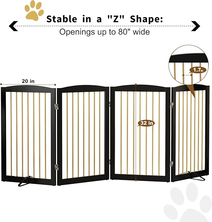 Freestanding Pet Gate for Dogs, Indoor Wooden Dog Gate for House, Foldable Dog Gate for Doorway, Stair, Step Over Pet Puppy Safety Fence Tall, 80 Inch Wide, 4 Panels 32", Black & Gold-PurrikoPets