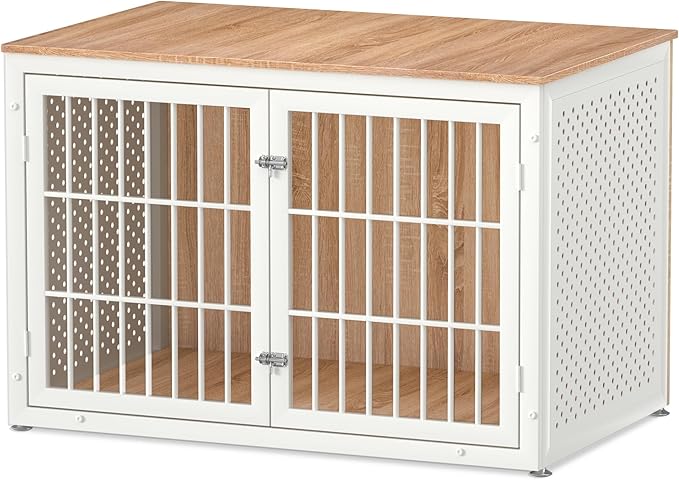 48" Heavy Duty Dog Crate Furniture for Large Dogs, Metal Kennel for High Anxiety Dogs, White Wooden Cage Furniture Indoor, Decorative Dog Kennel End Table, XL-PurrikoPets