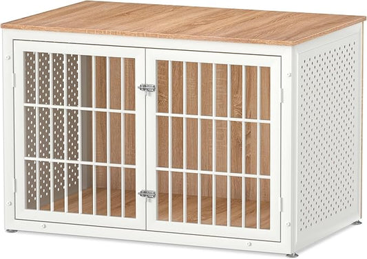 48" Heavy Duty Dog Crate Furniture for Large Dogs, Metal Kennel for High Anxiety Dogs, White Wooden Cage Furniture Indoor, Decorative Dog Kennel End Table, XL-PurrikoPets