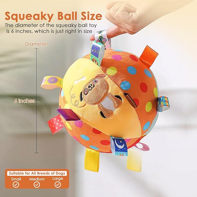 Dog Squeaky Plush Toy with Straps, 6-Inch Soft Stuffed Ball with Cotton Material and Bell Built-in, Pet Interactive Fetch Toy for Small to Large Dog-PurrikoPets