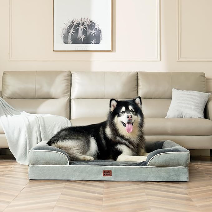 EHEYCIGA Orthopedic Dog Beds for Extra Large Dogs, Waterproof Memory Foam XXL Dog Bed with Sides, Non-Slip Bottom and Egg-Crate Foam Big Pet Couch Bed with Washable Removable Cover, Greyish Green-PurrikoPets