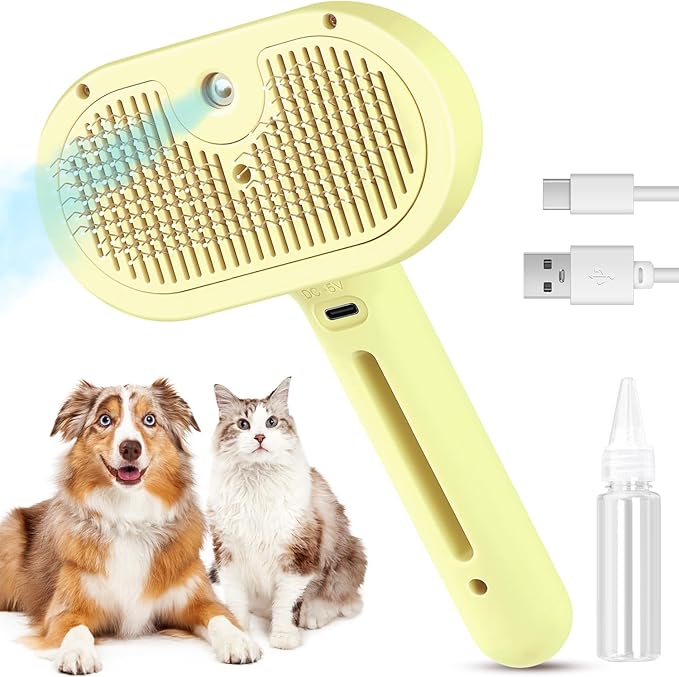 3 in 1 Cat Steam Brush, Pet Spray Hair Removal Comb for Shedding & Grooming, Water Brush for Cats Dogs Small Animals Long Short Haired with One-Click Release Button(Yellow)-PurrikoPets