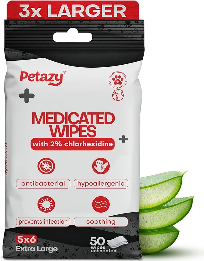 2% Chlorhexidine Wipes for Dogs 3X Larger | Yeast Infection Ringworm Fungus Hot Spot Itch Relief | Medicated Antibacterial Antifungal Extra Gentle Soothing Topical Wipes for Dog Cat | 50 Wipes-PurrikoPets