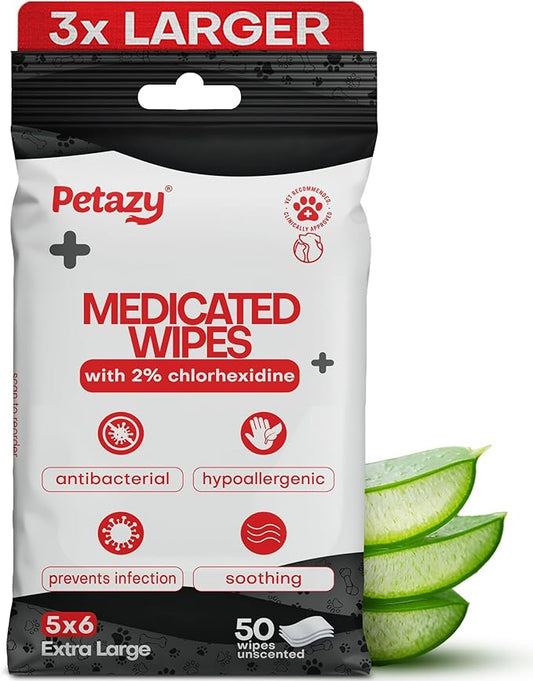 2% Chlorhexidine Wipes for Dogs 3X Larger | Yeast Infection Ringworm Fungus Hot Spot Itch Relief | Medicated Antibacterial Antifungal Extra Gentle Soothing Topical Wipes for Dog Cat | 50 Wipes-PurrikoPets