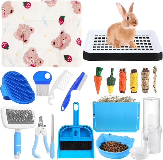 19 Pcs Rabbit Starter Kit Small Bunny Litter Box Rabbit Grooming Kit Water Bottle Bunny Toys Hay Feeder Bowl Blankets with Cleaning Set for Guinea Pig Accessories(Black,Cloud)-PurrikoPets