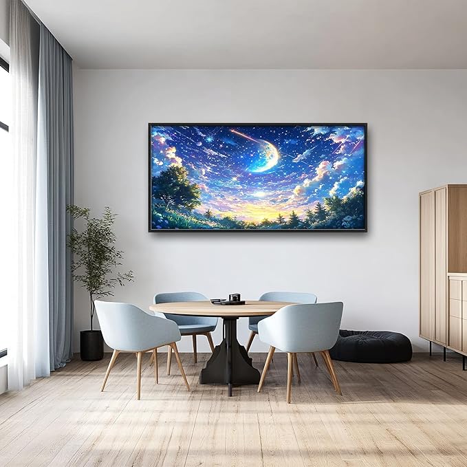Framed Large Anime Sky Wall Art for Living Room, Oversized Fantasy Night Sky Forest Wall Decor Nature Canvas Painting Modern Artwork Home Decoration for Living Room Bedroom Office 60"x30"-PurrikoPets