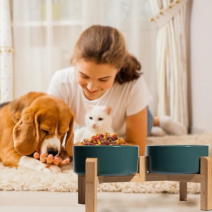 Elevated Ceramic Dog Bowl Set - Raised Dog Bowls with Non-Slip Bamboo Stand - Dog Food and Water Bowl Set - Double Dog Feeding Bowls - Suitable for Small and Medium Dogs - 28.74 OZ - 3.6 CUPS - 850 ML-PurrikoPets