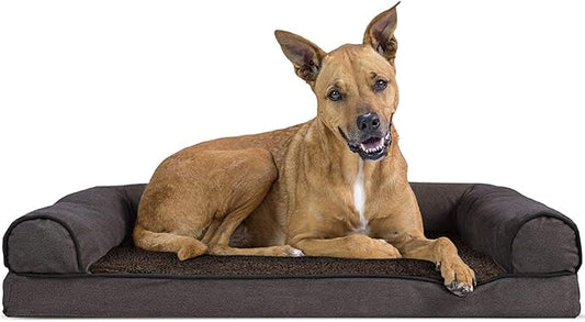 Furhaven Orthopedic Dog Bed for Large/Medium Dogs w/ Removable Bolsters & Washable Cover, For Dogs Up to 55 lbs - Sherpa & Chenille Sofa - Coffee, Large-PurrikoPets
