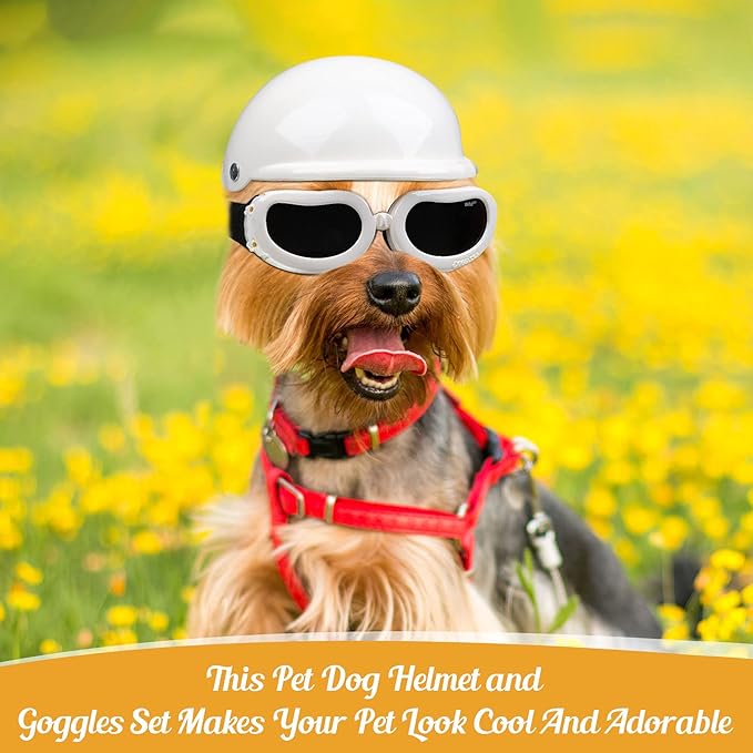 Frienda Dog Helmet and Goggles, UV Protection Doggy Sunglasses and 4 Inch Padded Puppy Motorcycle Helmet Adorable Dog Goggles with Adjustable Belt for Small Dogs Puppy Riding(White,S)-PurrikoPets