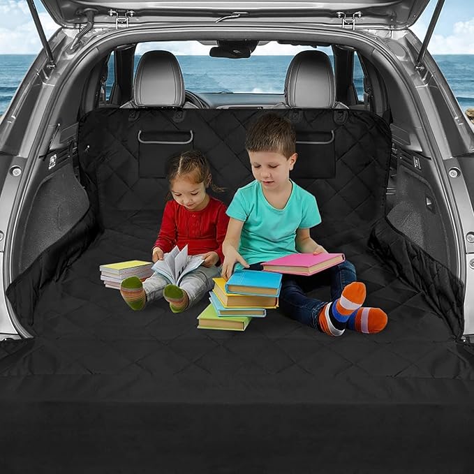 F-color SUV Cargo Liner for Dogs, Waterproof Pet Cargo Cover Dog Seat Cover Mat for SUVs Sedans Vans with 2 Large Pockets, Non-Slip, Large Size Universal Fit, Black-PurrikoPets