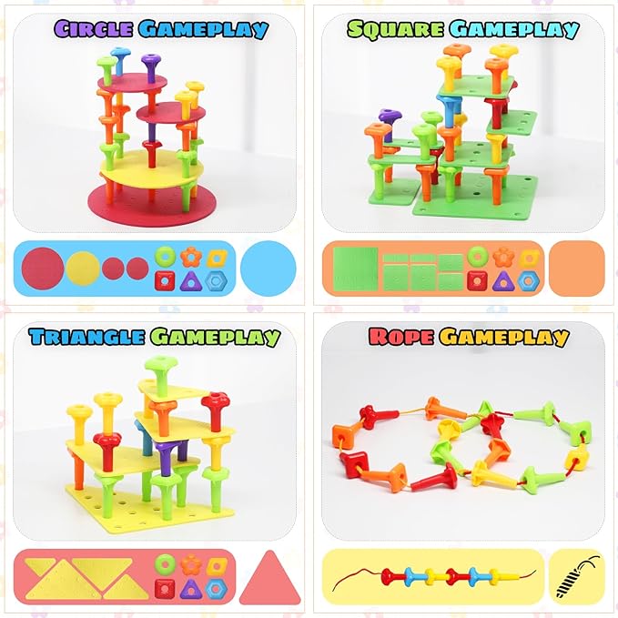 Ggiibro Peg Board Toy set 101Pcs DIY Building Stacking Toys for Kids 3-6 Years Old,STEM Educational Kids Toy for Brain Development,Montessori Sensory Toys,Plastic Lacing String Game-PurrikoPets