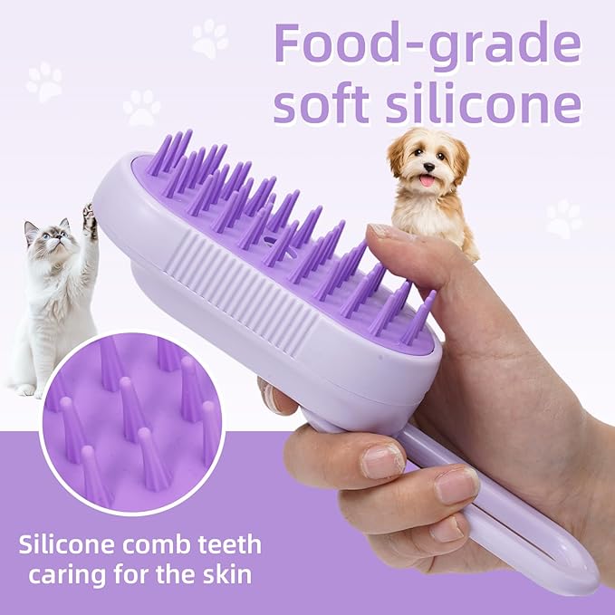 4-in-1 Rechargeable Anti-Dandruff Pet Steam Brush — brush for sheddingCats & Dogs,pet hair removal tool. Integrating functions of massage,clean, hair grooming and anti-static (purple)-PurrikoPets