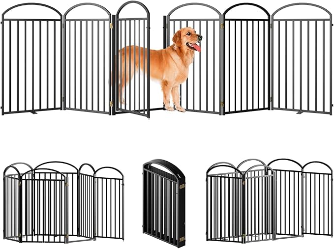 6 Panles Full Matel Freestanding Dog Gates with Door, 144"Extra Wide 36"Tall Free Standing Dog Pet Gate for Indoor & Outdoor. Foldable Pet Fences for Doorways, House, Stairs, Porch, Deck, Yard-PurrikoPets