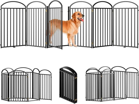 6 Panles Full Matel Freestanding Dog Gates with Door, 144"Extra Wide 36"Tall Free Standing Dog Pet Gate for Indoor & Outdoor. Foldable Pet Fences for Doorways, House, Stairs, Porch, Deck, Yard-PurrikoPets
