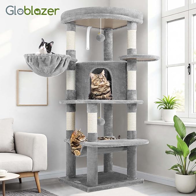 Globlazer Corner Cat Tree Tower for Indoor Cats, 51in Multi-Level Cat Condo Tower with Large Hammock, 7 Sisal Scratching Posts, Oversized Top Perch, Spacious Cat Cave, Hanging Basket, C51, Light Gray-PurrikoPets