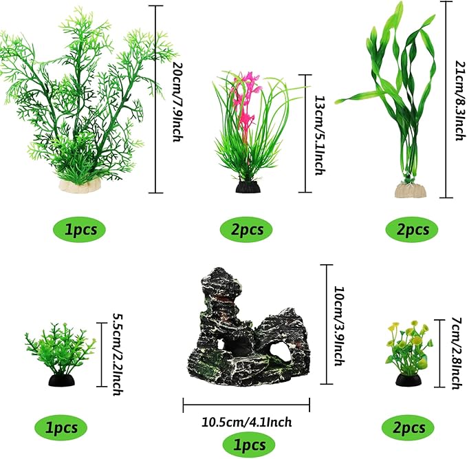 Fish Tank Accessories Aquarium Decorations Plants, 9pcs Green Fish Tank Decorations Plants and Cave Rock Decoration Decor Set, Aquarium Decor Plastic Plants-PurrikoPets