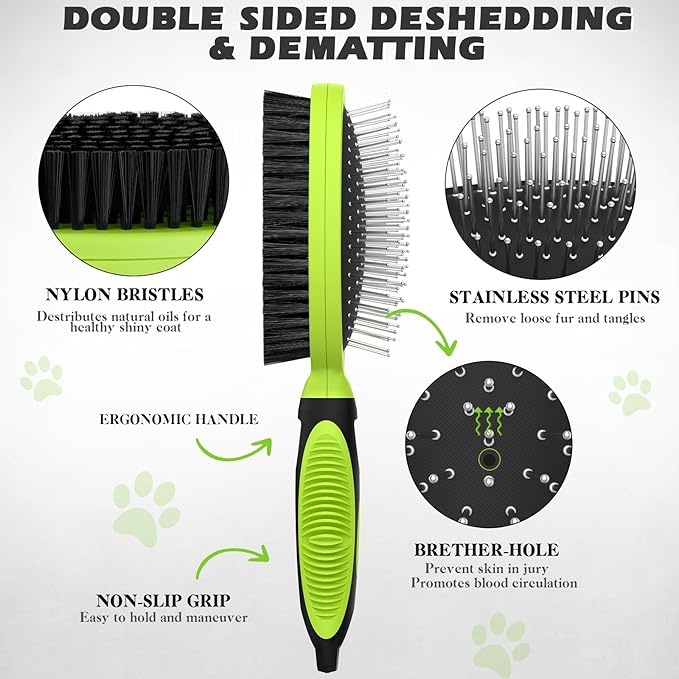 2PCS Pet Grooming Tools - Double-Sided Brush for Shedding and Bathing, Suitable for Short/Long Haired Dogs Cats and Horses, Deshedding Dog Brush, Mane & Tail Combs for Horses - Pet Supplies (Green)-PurrikoPets