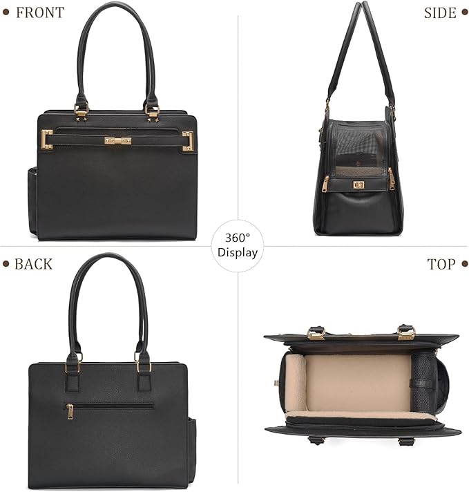 2-in-1 Stylish Dog Purse Carrier Soft-Sided Carriers Travel Tote Bag for Small Dogs Cats, Fashion Foldable Pet Bag for Puppies Small Animals with Pockets (Black, 15" L x 7.5" W x 12.2" H)-PurrikoPets