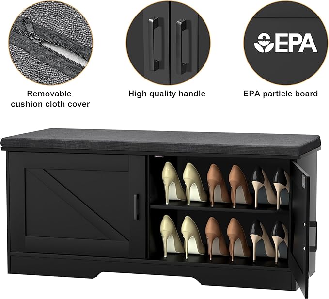 2-Tier Storage Bench, Shoe Bench with Padded Seat Cushion, Entryway Bench with 2 Barn Doors, Adjustable Shelf, 13.8" D x 39.4" W x 17.7" H, for Entryway, Living Room, Bedroom, Black-PurrikoPets