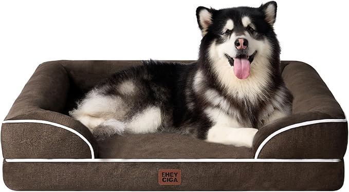 EHEYCIGA Orthopedic Dog Beds for Extra Large Dogs, Waterproof Memory Foam XXL Dog Bed with Sides, Non-Slip Bottom and Egg-Crate Foam Big Pet Couch Bed with Washable Removable Cover, Brown-PurrikoPets