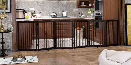 Freestanding Pet Gate for Dogs, Indoor Wooden Foldable Dog Gate for House, Extra Wide, Pet Fence for Stairs, Doorways, Halls, Support Feet Included, 120 Inch Wide, 6 Panels 32",Brown-PurrikoPets