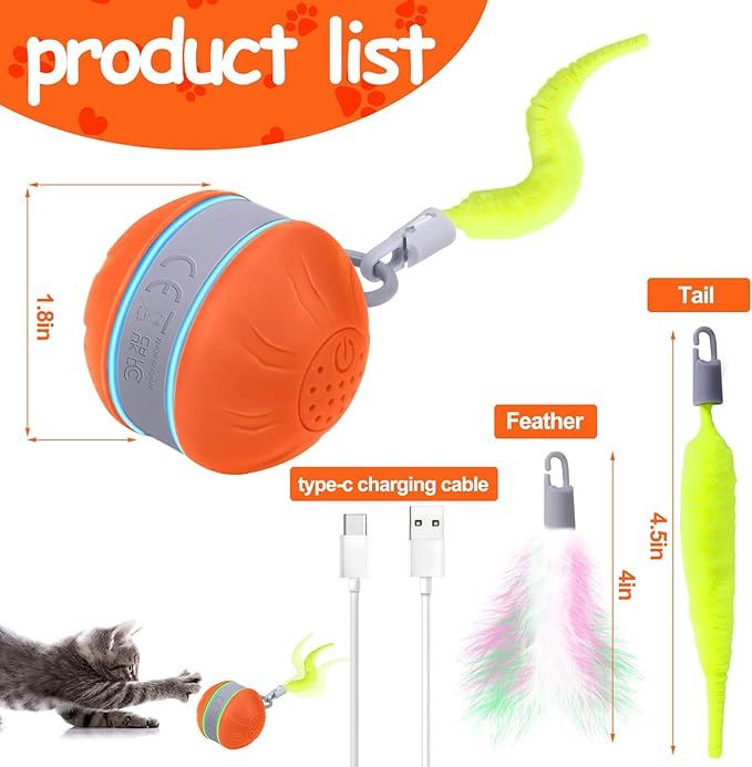 AIERSA Interactive Cat Toys for Indoor Adult Cats, Automatic Self-Play Cat Ball Toy for Kitten to Keep Them Busy, Electric Moving Chase Toy (Orange)-PurrikoPets