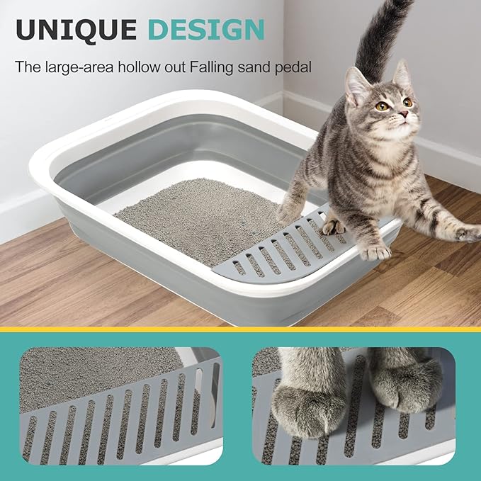 Foldable Cat Litter Box, Large Height-Adjustable Anti-Splash Open Air Kitty Litter Pan, Easy Clean with Scoop (Gray)-PurrikoPets