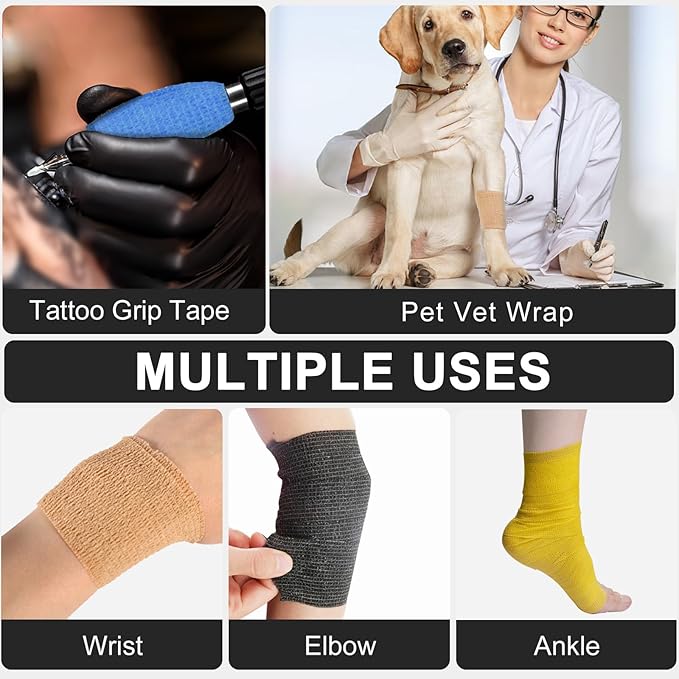 24 Pack Self Adhesive Bandage Wrap, 2” x 5 Yards Elastic Cohesive Bandage Wrap Black Athletic Tape Grip Tape for Ankle, Wrist Sprains, Sports Injuries & Pet First Aid | Medical Sports Tape-PurrikoPets