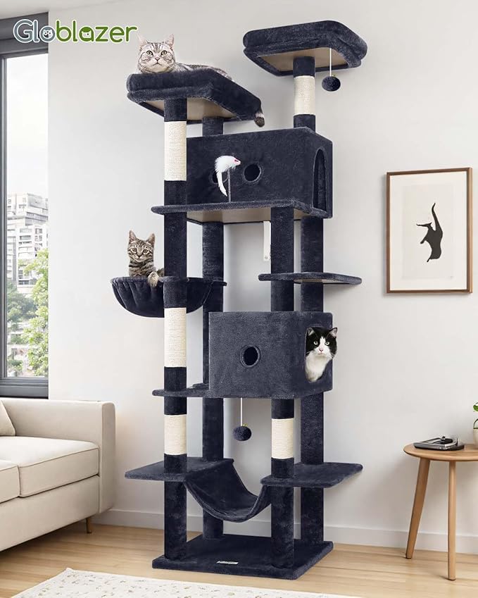 Globlazer Large Cat Tree Tower Condo, 80in Tall Cat Tree for Multiple Indoor Cats Large Adult, XXL Big Cat Climbing Tower with Cat Caves, Sisal Scratching Posts, Top Perches, Hammock, S80B, Dark Gray-PurrikoPets