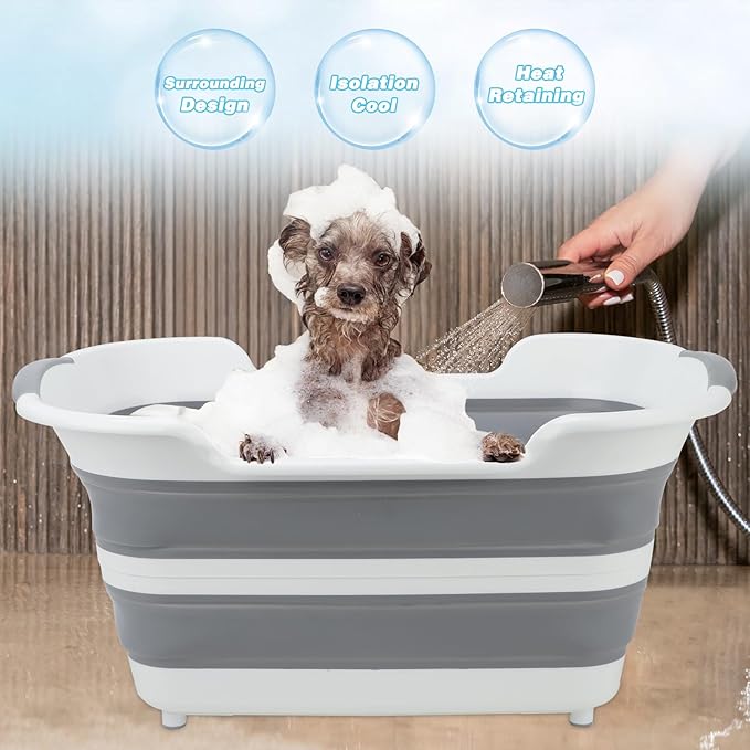 FHTONGE 7.13 Gal/27L Raised Collapsible Dog Bathtub with Drain Hair Catcher, Multifunctional Pet Washtub for Small to M Dog, Portable Puppy Tub Cat Shower Basin Laundry Basket Storage Organize Bucket-PurrikoPets