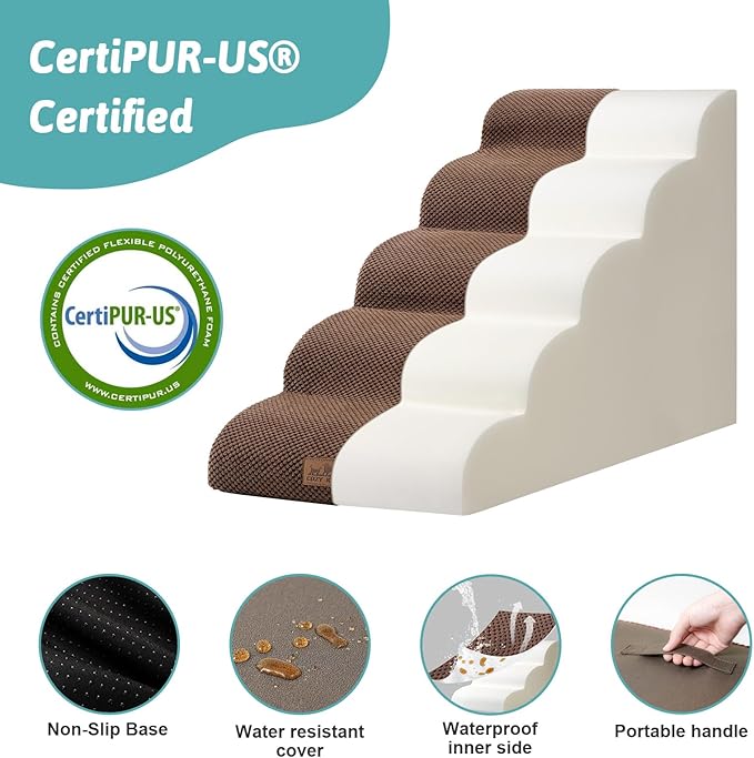 Dog Stairs for High Bed 22.6" H, Small Dog Step for Puppy, Older or Cat, Curved Ramp for Car, Ladder with High Density Foam, Lightweight, Durable, 15.7x33x22.6 inch, 5 Step, Brown-PurrikoPets