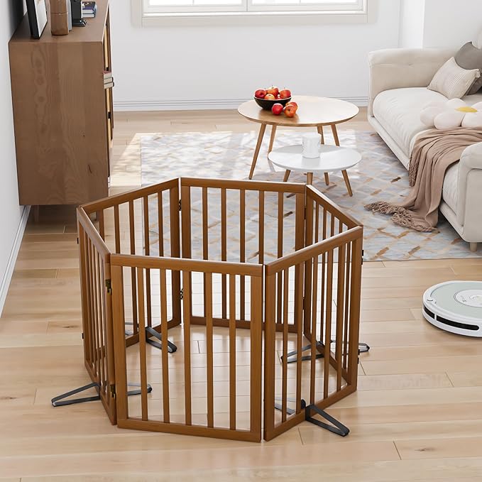 Freestanding Pet Gate Foldable Dog Gate (110 inches Wide) Walnut Bamboo Dog Gates for Stair Doorways House Puppy Fences Indoor (4 Support Feet Included)-PurrikoPets