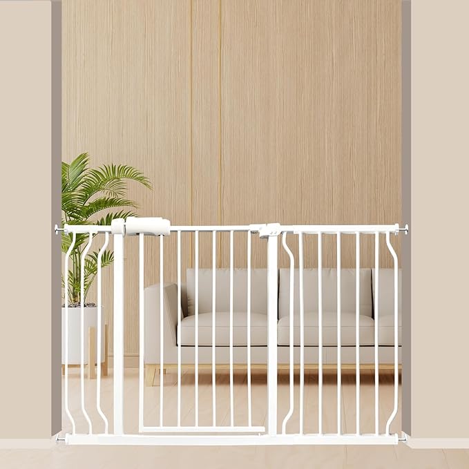 Extra Wide Baby Gate 48-53 Inch, Tension Mounted No Drilling, Pressure Mounted Indoor Safety Gate for Stairs & Doorways - Metal Design for Kids and Pets, White-PurrikoPets