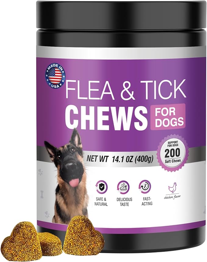 Dog Flea and Tick Treatment Chewable 200 Treatment Chews Natural Soft Chew Fleas Ticks Treatment Dog Oral Chewables Support Supplement Pest Defense Breeds and Ages Dogs Chicken Flavor-PurrikoPets