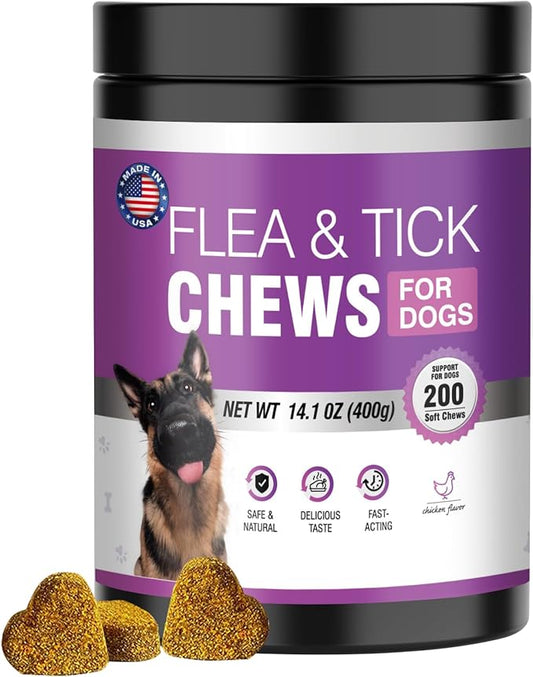 Dog Flea and Tick Treatment Chewable 200 Treatment Chews Natural Soft Chew Fleas Ticks Treatment Dog Oral Chewables Support Supplement Pest Defense Breeds and Ages Dogs Chicken Flavor-PurrikoPets