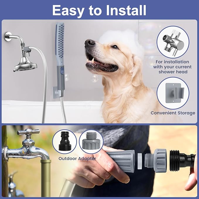 Dog Shower Attachment, Dog Shower With Metal Diverter, Pet Shower Attachment for Fast and Easy Dog Bathing, 3 Spray Modes One-Button Switch 8-Foot Hose For Indoor and Outdoor-PurrikoPets