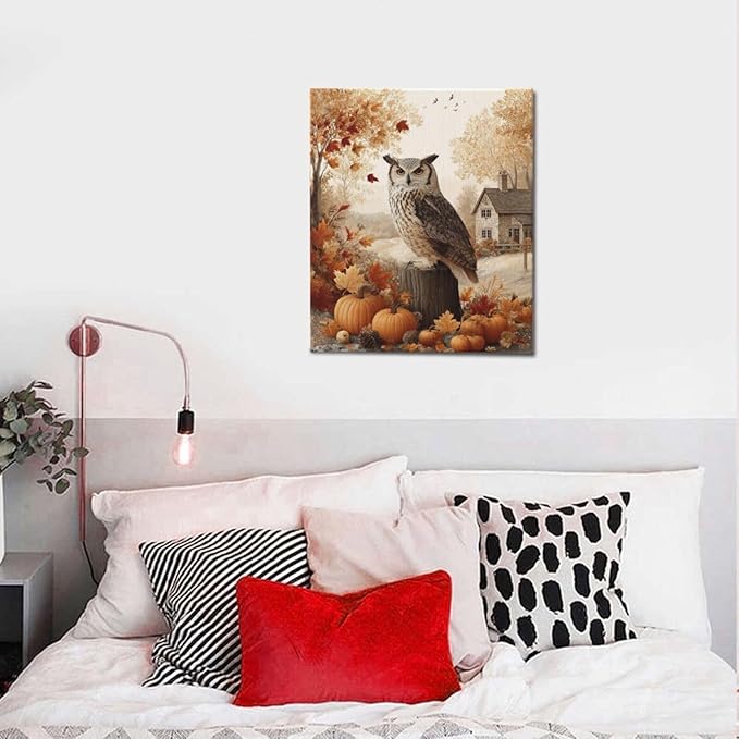 Fall Owl Wall Art Autumn Pumpkin Leaves Wall Decor Rustic Canvas Print Farmhouse Pictures Painting Print Framed Artwork Decorations Gifts for Living Room Bathroom Bedroom Office 20"x24"-PurrikoPets