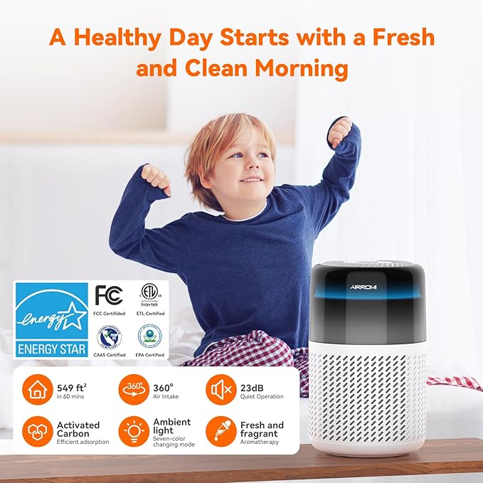 AIRROMI Air Purifier for Bedroom Home,HEPA Filter,Covers Upto 549 Ft²,Quiet 360°intake Air Cleaner with Fragrance ponge for Better Sleep,Night Light,Filters Smoke,Pet Dander,Allergies,Dust,A2005 White-PurrikoPets