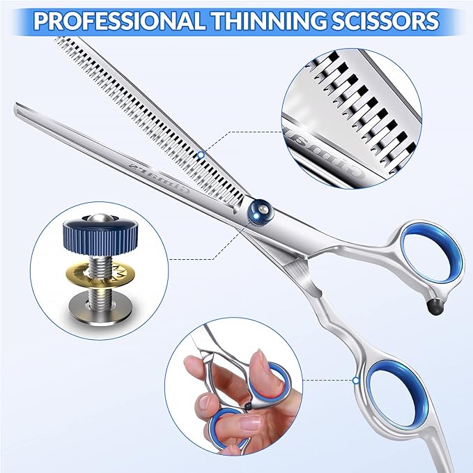 Gimars Professional 5 in 1 Grooming Scissors for Dogs 4CR with Safety Round Tip, Heavy Duty Titanium Coated Straight & Thinning & Curved Shears-PurrikoPets