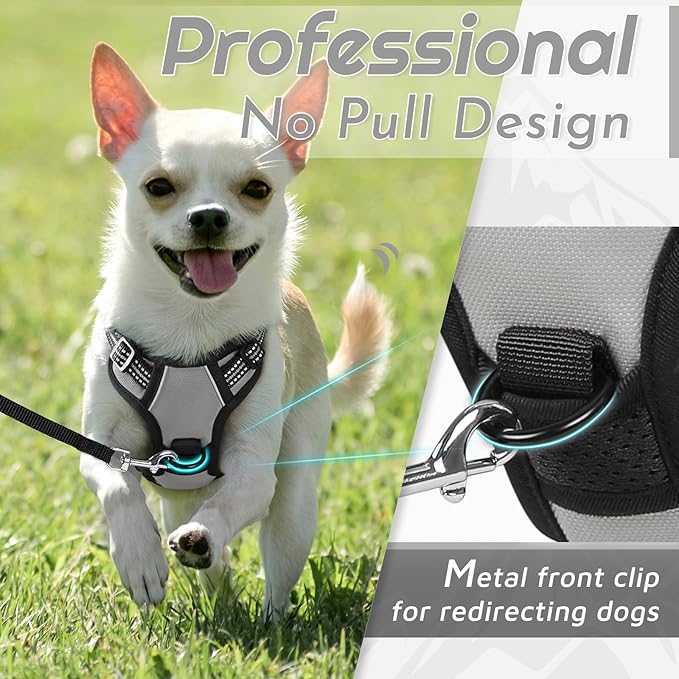 Eagloo Small Dog Harness No Pull, Service Vest with Reflective Strips and Control Handle, Adjustable and Comfortable for Walking, No Choke Pet Harness with 2 Metal Rings, Grey, XS-PurrikoPets