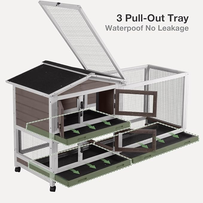 2-Story Indoor Rabbit Hutch with Chew-Proof Outdoor Rabbit Cage with 6 Locking Casters Bunny Cage 2 Pull-Out Trays Guinea Pigs Cage 62" Brown-PurrikoPets