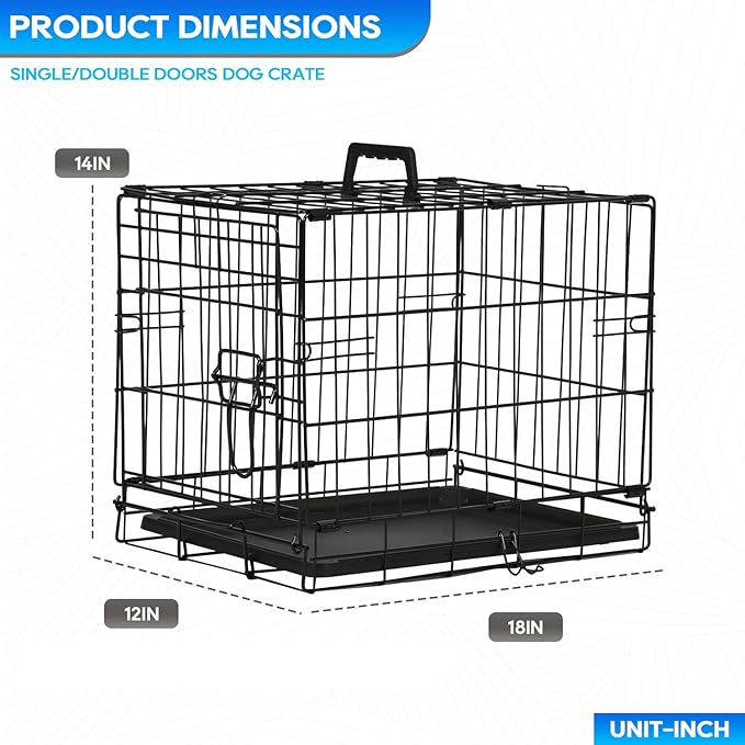FDW Dog Crate for Small Dogs 18 Inch Folding Metal Wire Pet Cage Double Door W/Divider Panel Indoor Outdoor Kennel Leak-Proof Plastic Tray,Black-PurrikoPets