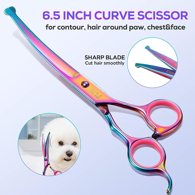 Gimars Professional 4CR Stainless Steel 6 in 1 Grooming Scissors for Dogs with Safety Round Tip, Heavy Duty Titanium Coated Pet Grooming Scissor for Dogs, Cats and Other Animals-PurrikoPets