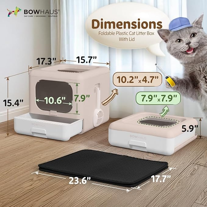 Foldable Cat Litter Box w/Lid, Scoop & Mat, Drawer Design Cat Toilet for Kitten, Two-Way Entry Kitty Litter Box, Odor Control & Easy to Clean, Beige/Pink-PurrikoPets