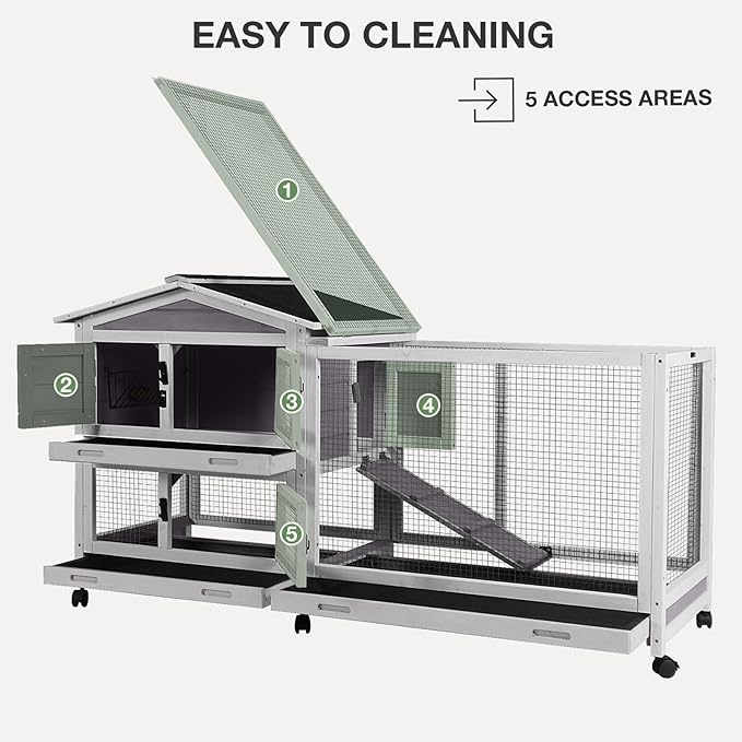 2-Story Indoor Rabbit Hutch with Chew-Proof Outdoor Rabbit Cage with 6 Locking Casters Bunny Cage 2 Pull-Out Trays Guinea Pigs Cage 62"-PurrikoPets