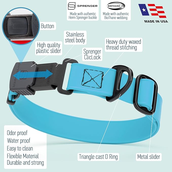 Dogline Biothane Waterproof Dog Collar with Herm Sprenger Black Stainless Steel Quick Release Buckle – Heavy Duty Tactical Durable Collar for Dogs – Comfortable and Safe Pet Collar, W 3/4" L 12-19"-PurrikoPets