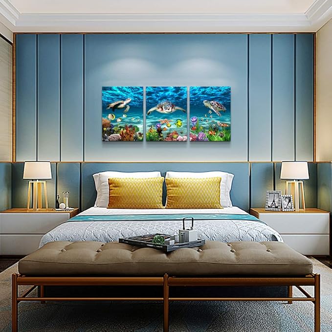 AHUASJART Canvas Wall Art for Living Room family Wall decor for Bedroom Bathroom Wall Decoration blue Ocean Sea Turtle Paintings Modern shark Pictures Artwork office Ready to Hang 12" x 16" 3 Piece-PurrikoPets